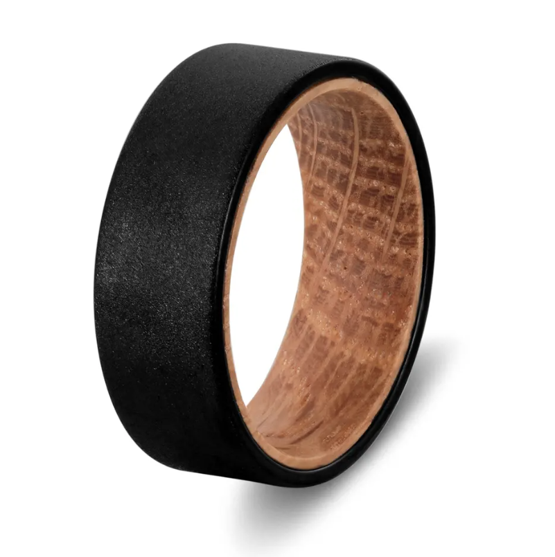 Brushed Flat Tungsten & Barrel Wood Ring