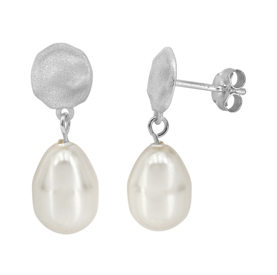 Hammered Pearl Drop Dangle Earrings