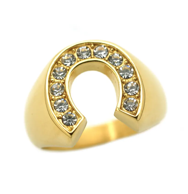 Steel CZ Gold Plated Horseshoe Ring