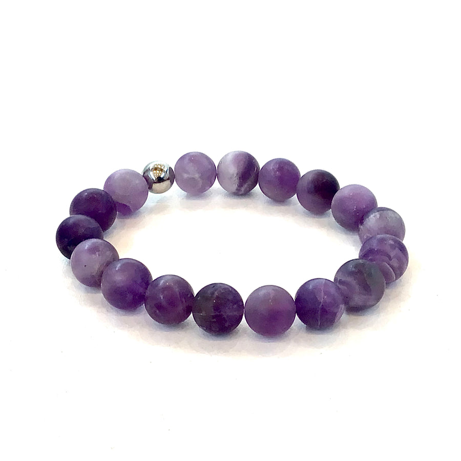 Amethyst 10mm Frosted Marble Stretch Bead Bracelet