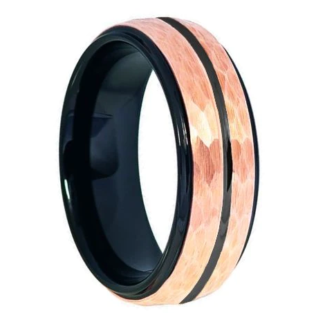 Black & Rose Gold Hammered Tungsten Ring