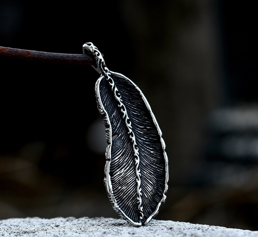 Stainless Steel Feather with Red CZ Necklace