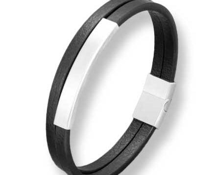 Double Flat Black Leather Bracelet