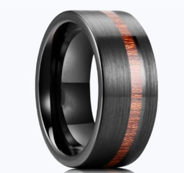 Offset Wood Inlay Black Tungsten Ring